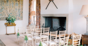 Wedding set up in great hall with large fireplace